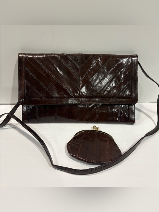Handbags - Vtg 70s Eel Skin Clutch Purse Crossbody Chestnut Brown Made in Korea Coin Purse
